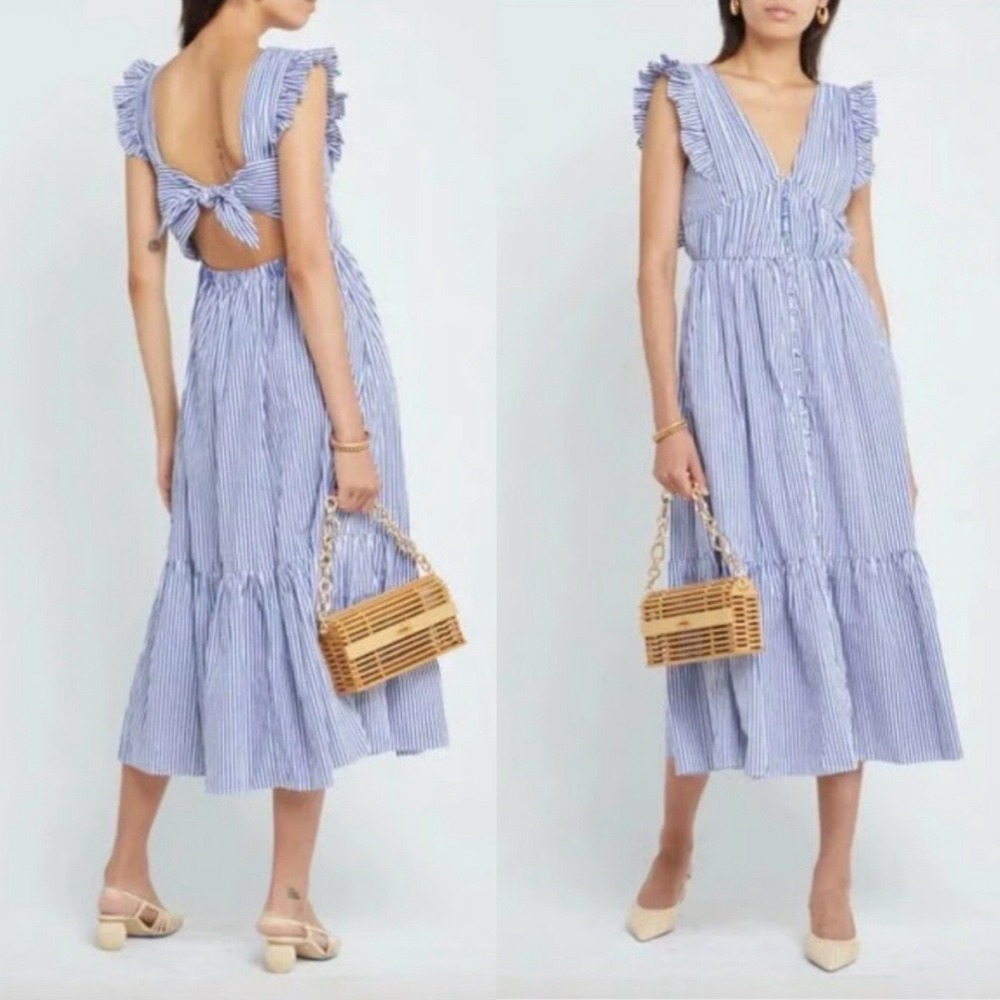 O.P.T. Women's Stella Stripped Tiered Ruffle Midi Dress Tie Back Cutout Size S
